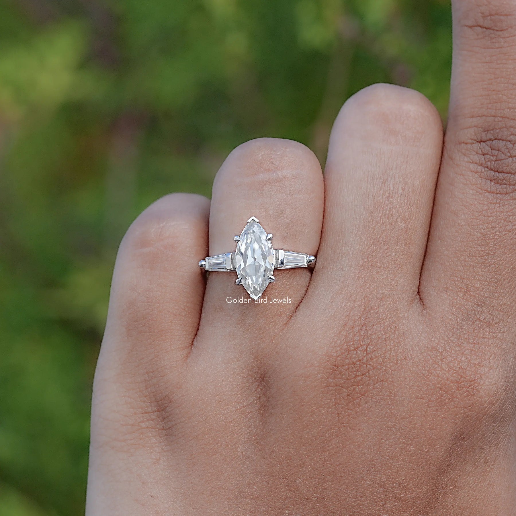 Three Stone Old Mine Marquise Moissanite Ring
