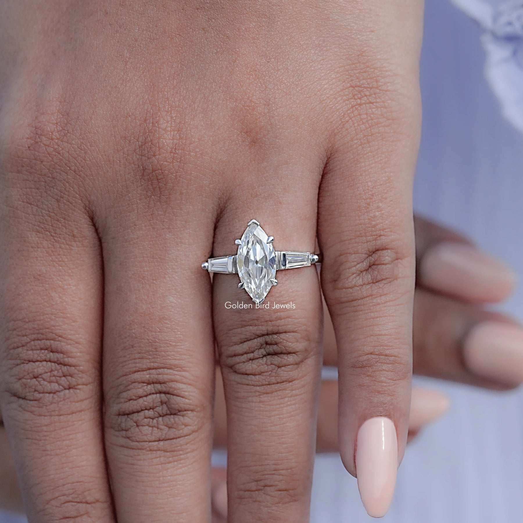 Three Stone Old Mine Marquise Moissanite Ring