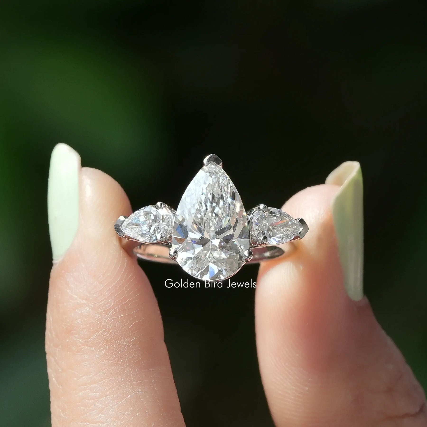 [Pear Shaped Three Stone Diamond Engagement Ring]-[Golden Bird Jewels]