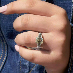 Close-Up View of Criss And Trapezoid Cut Moissanite Ring In White Gold