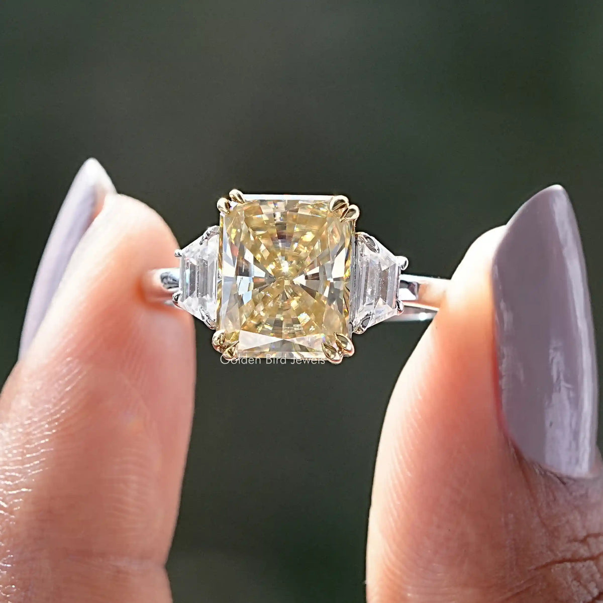 [Three Stone Yellow Radiant Cut Moissanite Engagement Ring]-[Golden Bird Jewels]