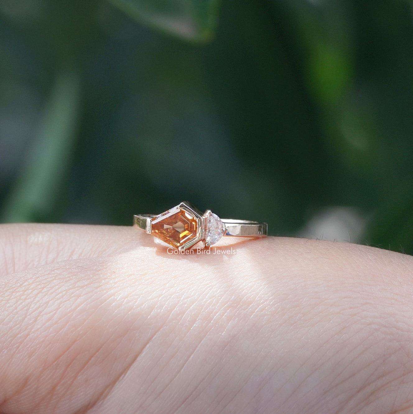 [Yellow Gold Shield And Half Moon Moissanite Ring]-[Golden Bird Jewels]