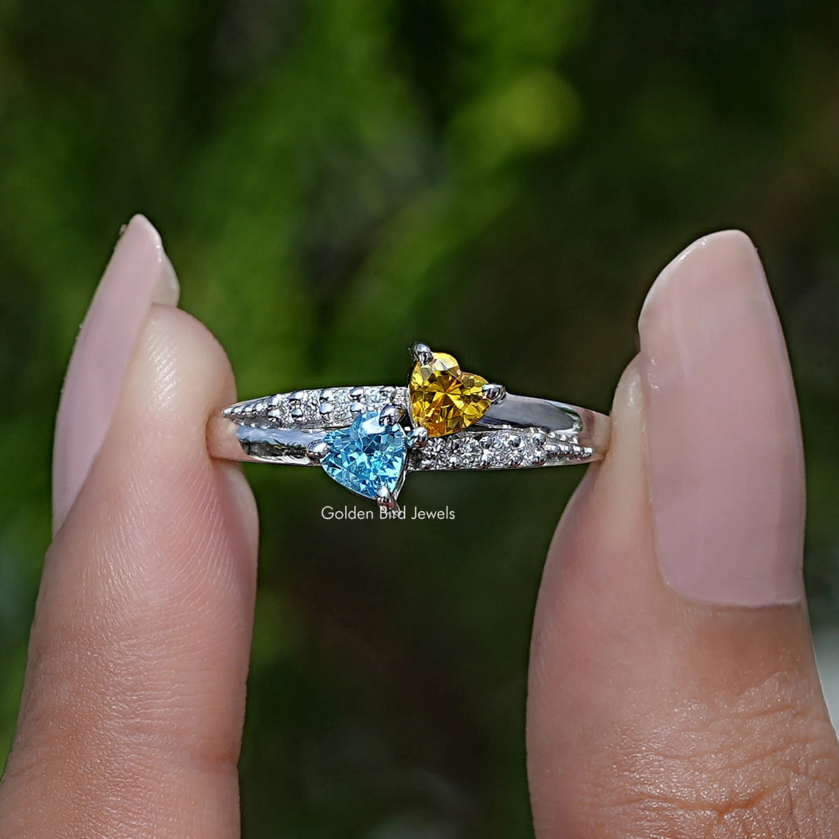 [Toi Et Moi Heart Shaped Gemstone Accent Stone Ring]-[Golden Bird Jewels]