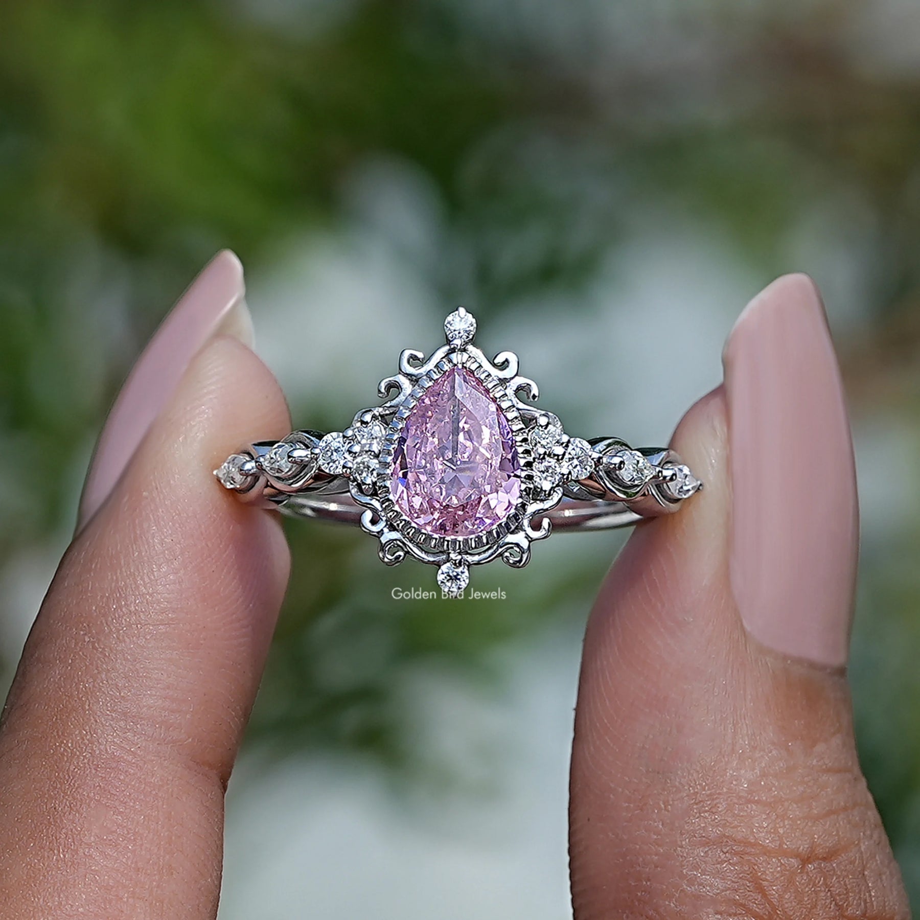 [Pink Tourmaline Pear Cut Gemstone Engagement Ring]-[Golden Bird Jewels]