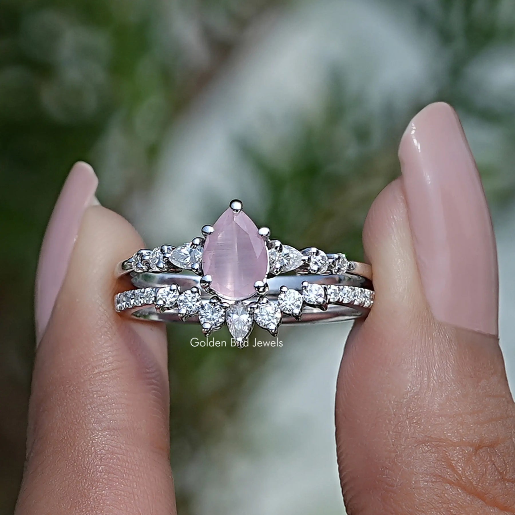 [Pink Tourmaline Pear Shaped Gemstone Bridal Ring Set]-[Golden Bird Jewels]