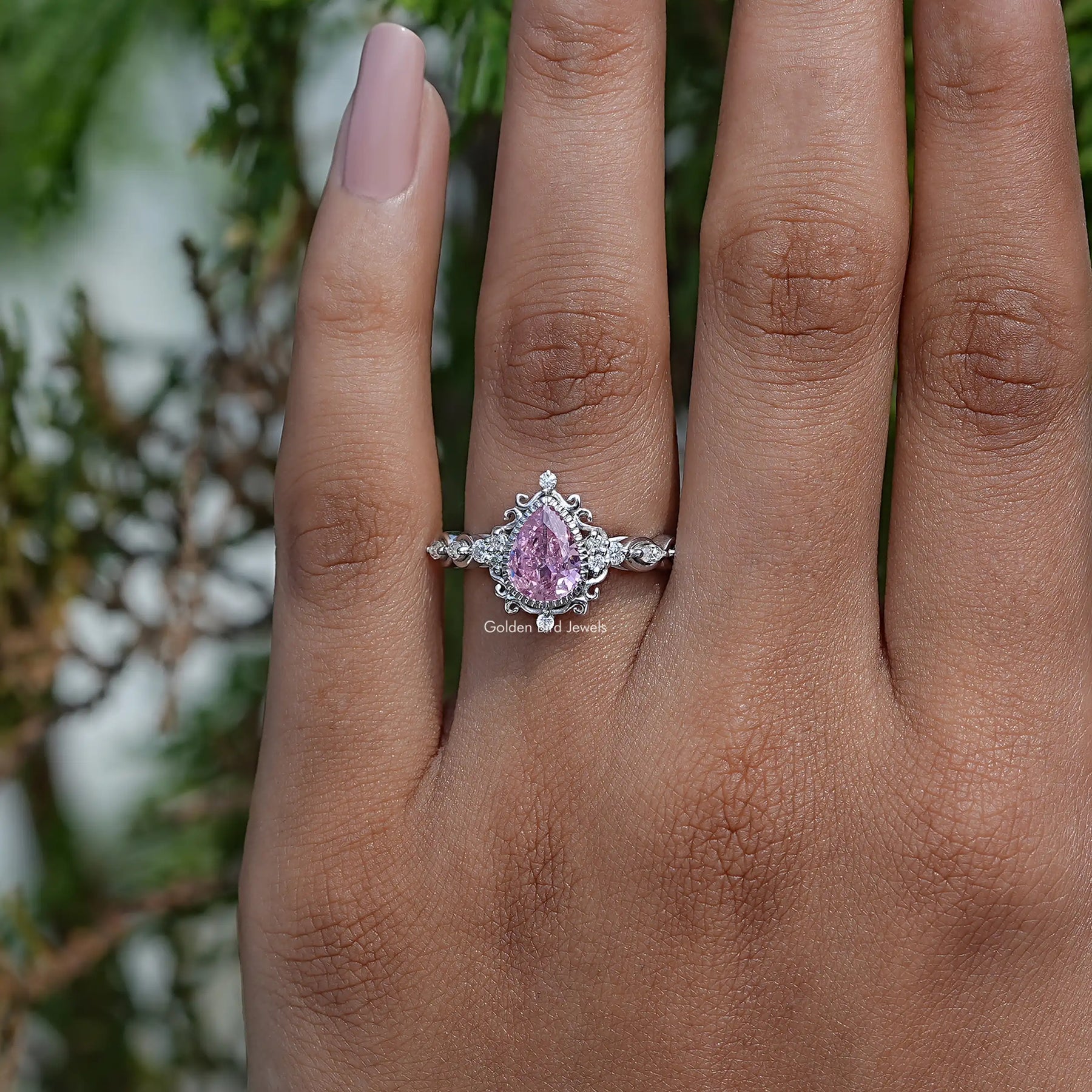 [14K White Gold Pink Tourmaline Pear Shaped Gemstone Ring]-[Golden Bird Jewels]