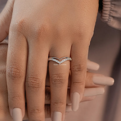 Silver chevron wedding band with round stones, V-shaped center detail