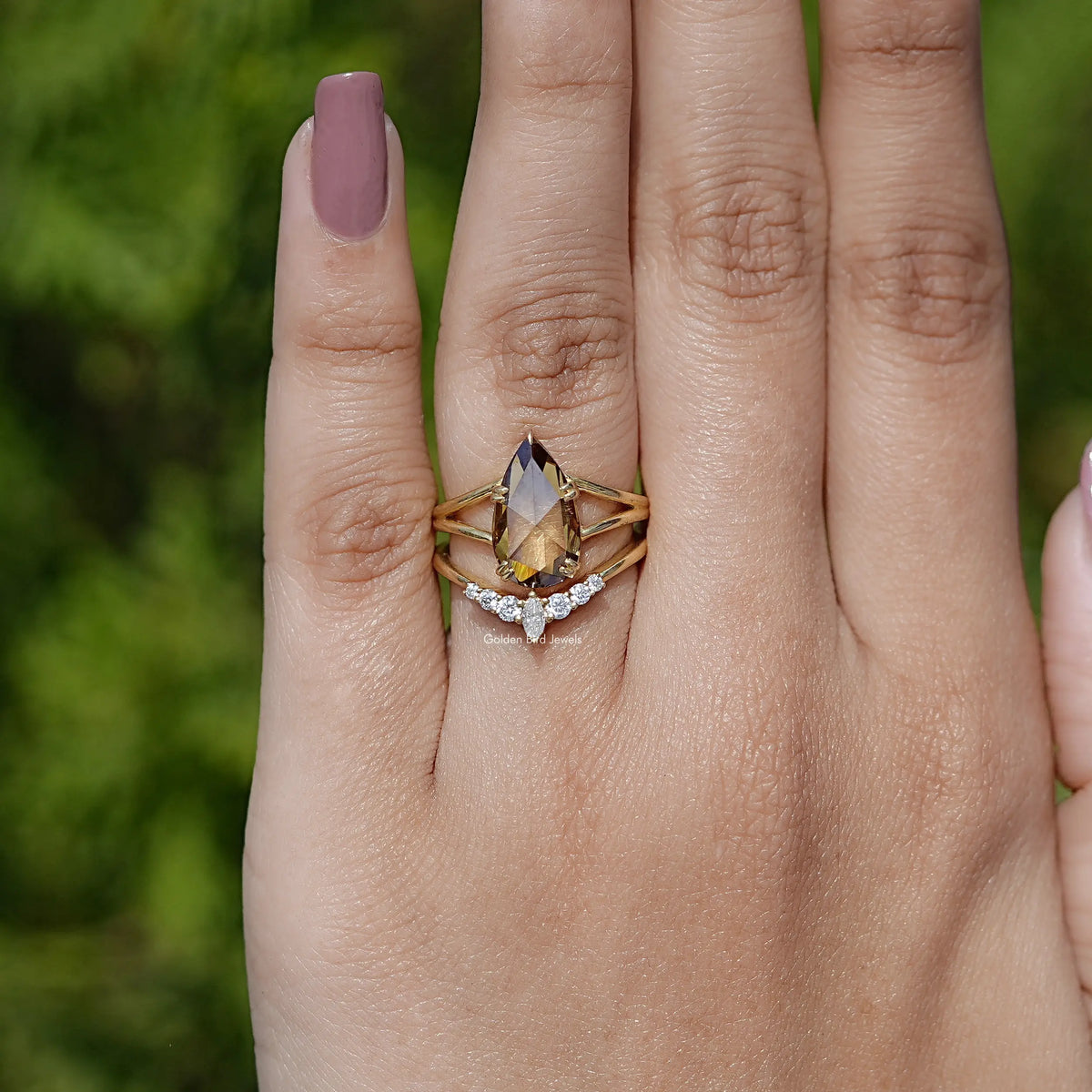 Rose Cut Pear Moissanite Bridal Ring Set