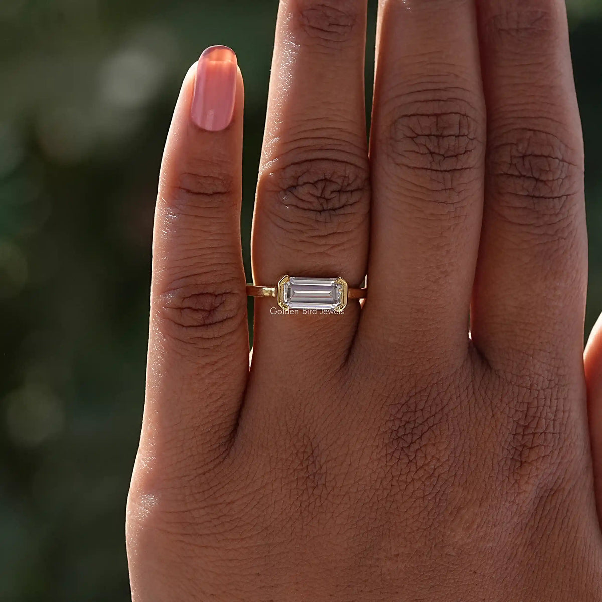 Emerald Cut Moissanite East West Set Solitaire Ring