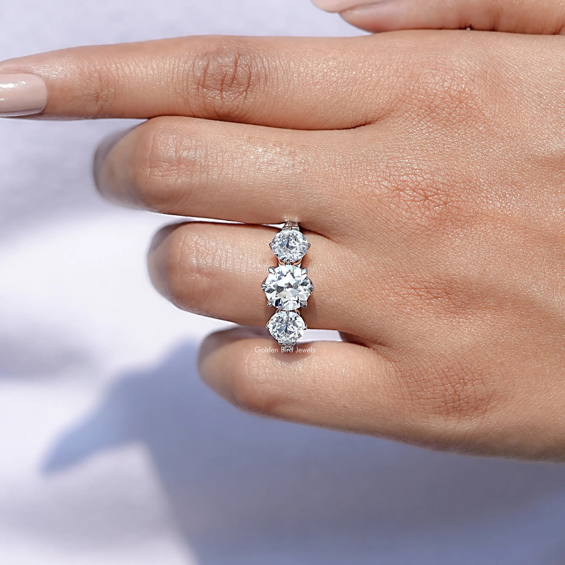 View of Round Cut Vintage Lab Diamond Five Stone Ring In White Gold