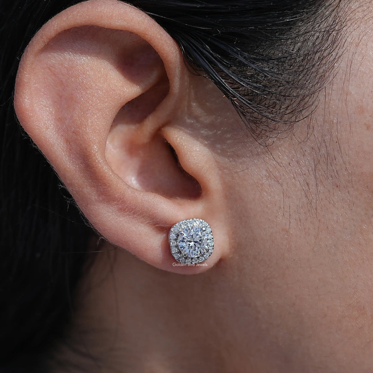 Ear View Of Round Cut Halo Lab Diamond Stud Earrings In White Gold
