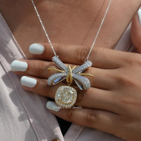 [Front view of cushion halo moissanite pendant made of white and yellow gold]-[Golden Bird Jewels]