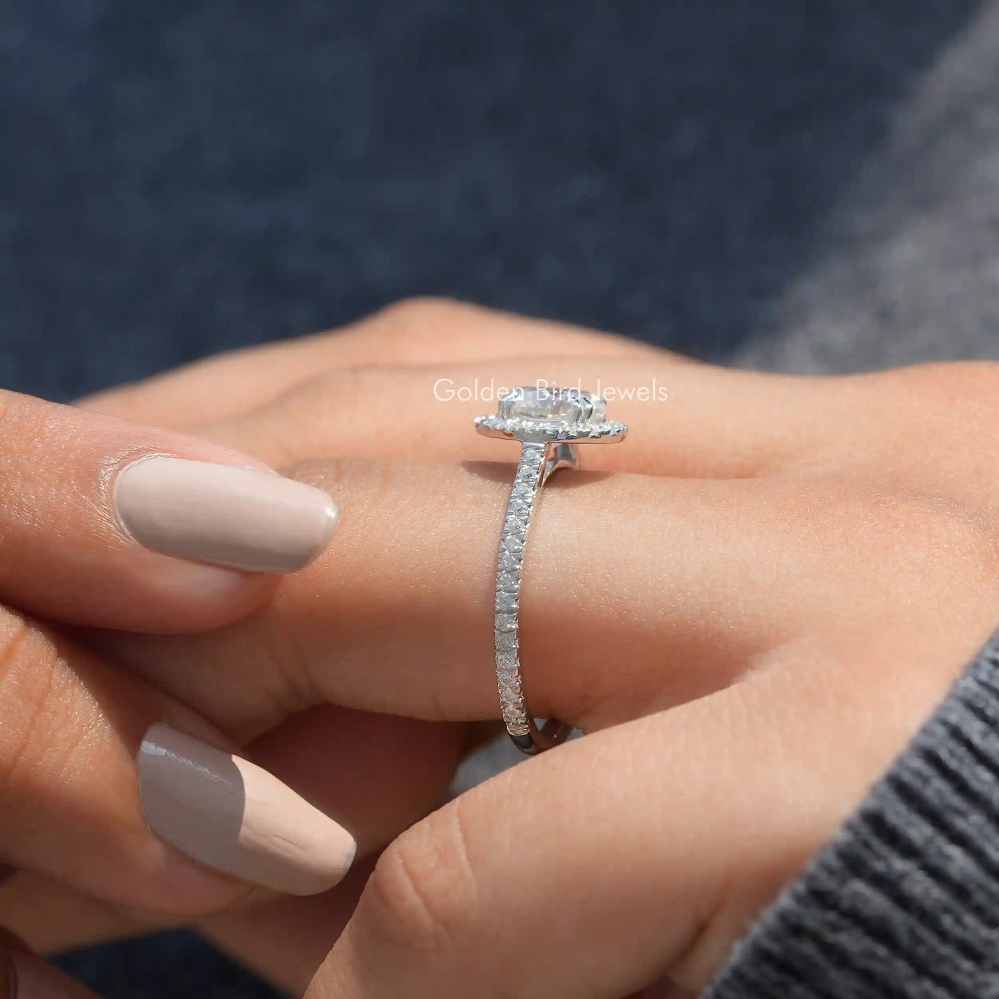 Crushed Ice Oval Moissanite Halo Accent Ring