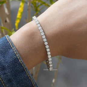 [Front view of moissanite round cut tennis bracelet made of white gold]-[Golden Bird Jewels]