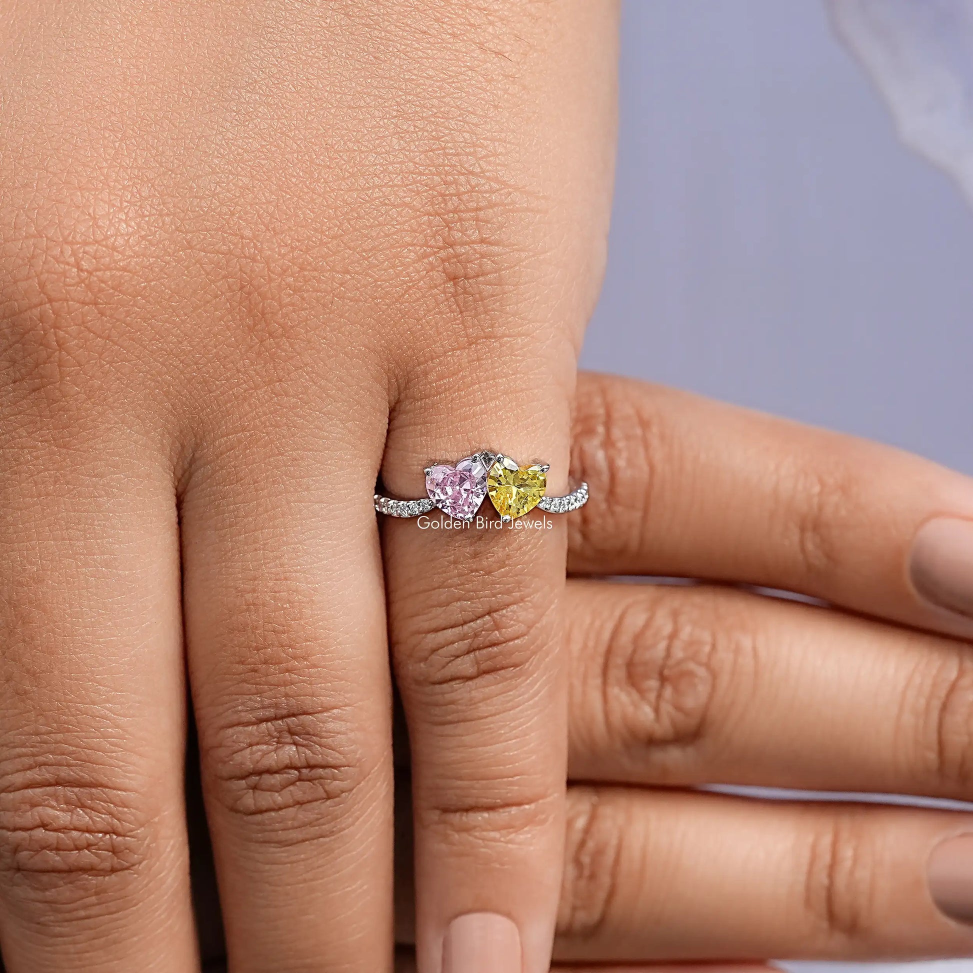 Detailed View Of Yellow And Pink Heart Gemstone Toi Et Moi Ring
