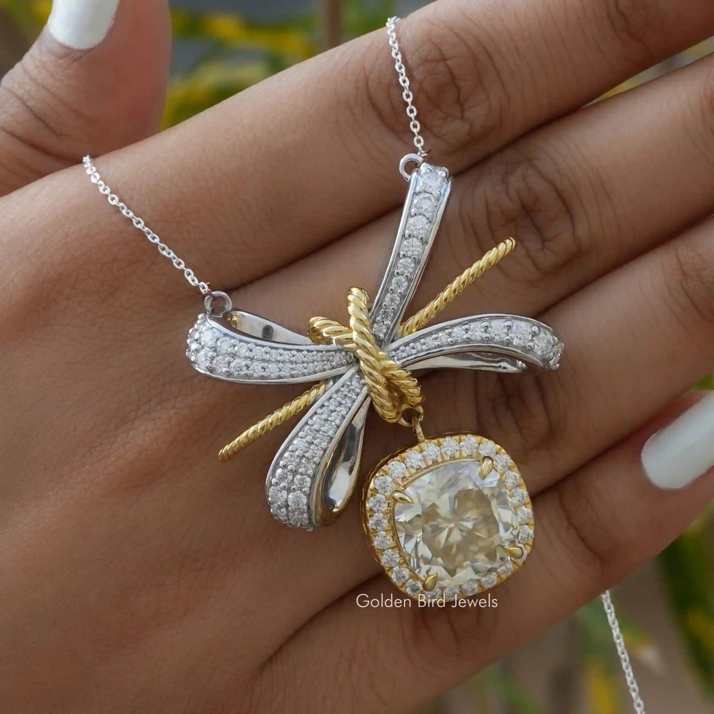Close view of moissanite chain bracelet in secure setting 