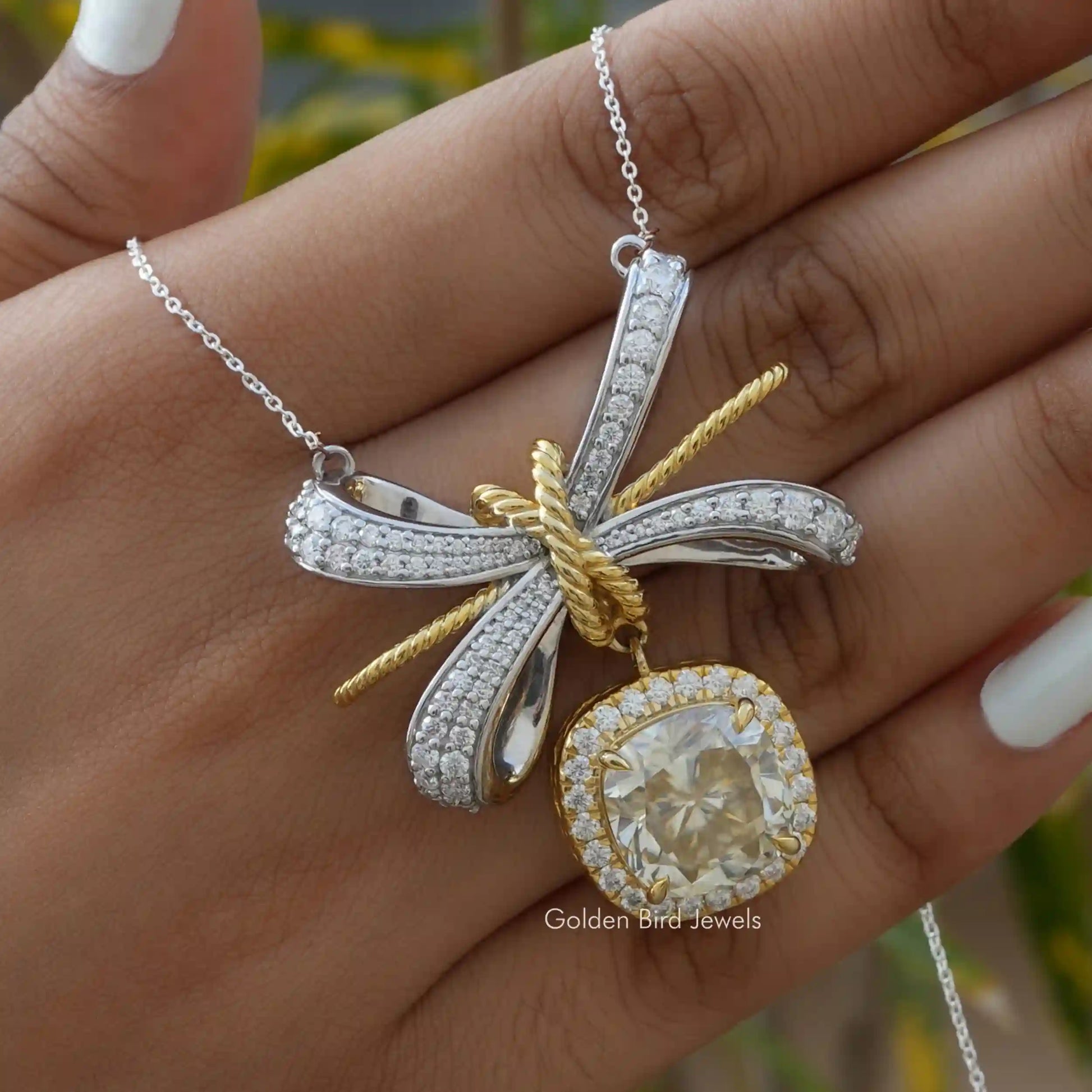 Close view of moissanite chain bracelet in secure setting 