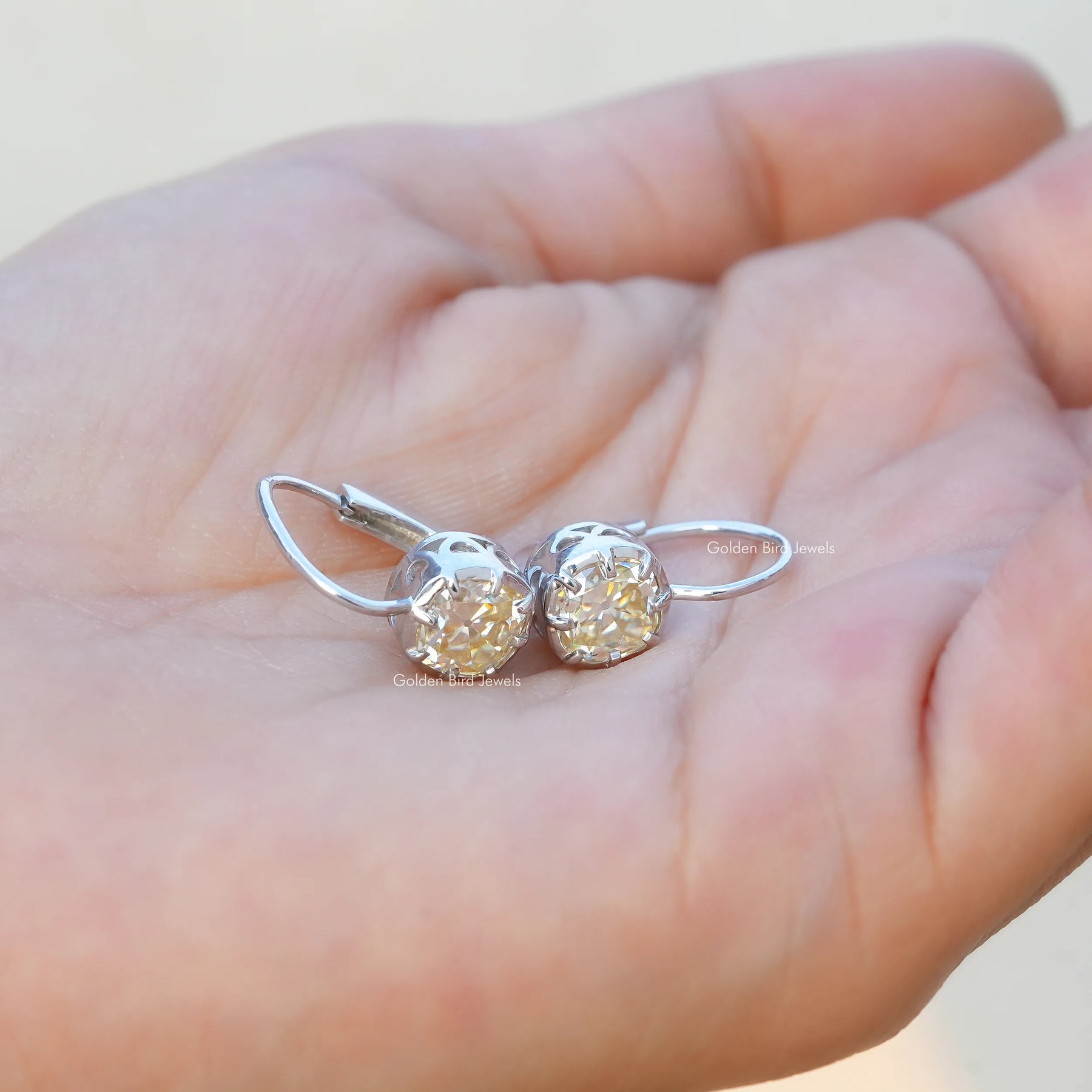 [White Gold Old Mine Cushion Cut Moissanite Earrings]-[Golden Bird Jewels]