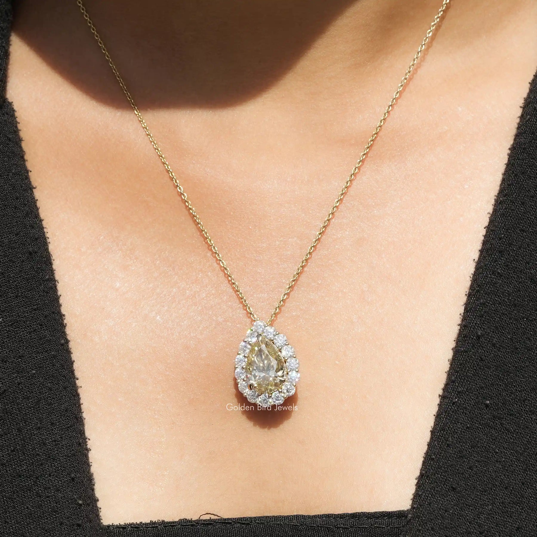 [White Gold Pear And Round Cut Halo Pendant]-[Golden Bird Jewels]