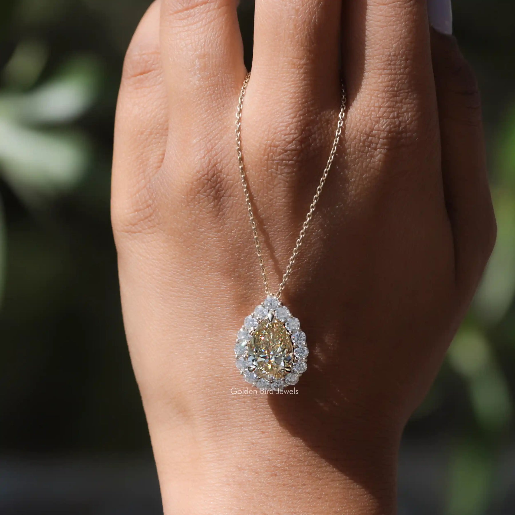 [Yellow Pear Cut Moissanite Halo Pendant]-[Golden Bird Jewels]