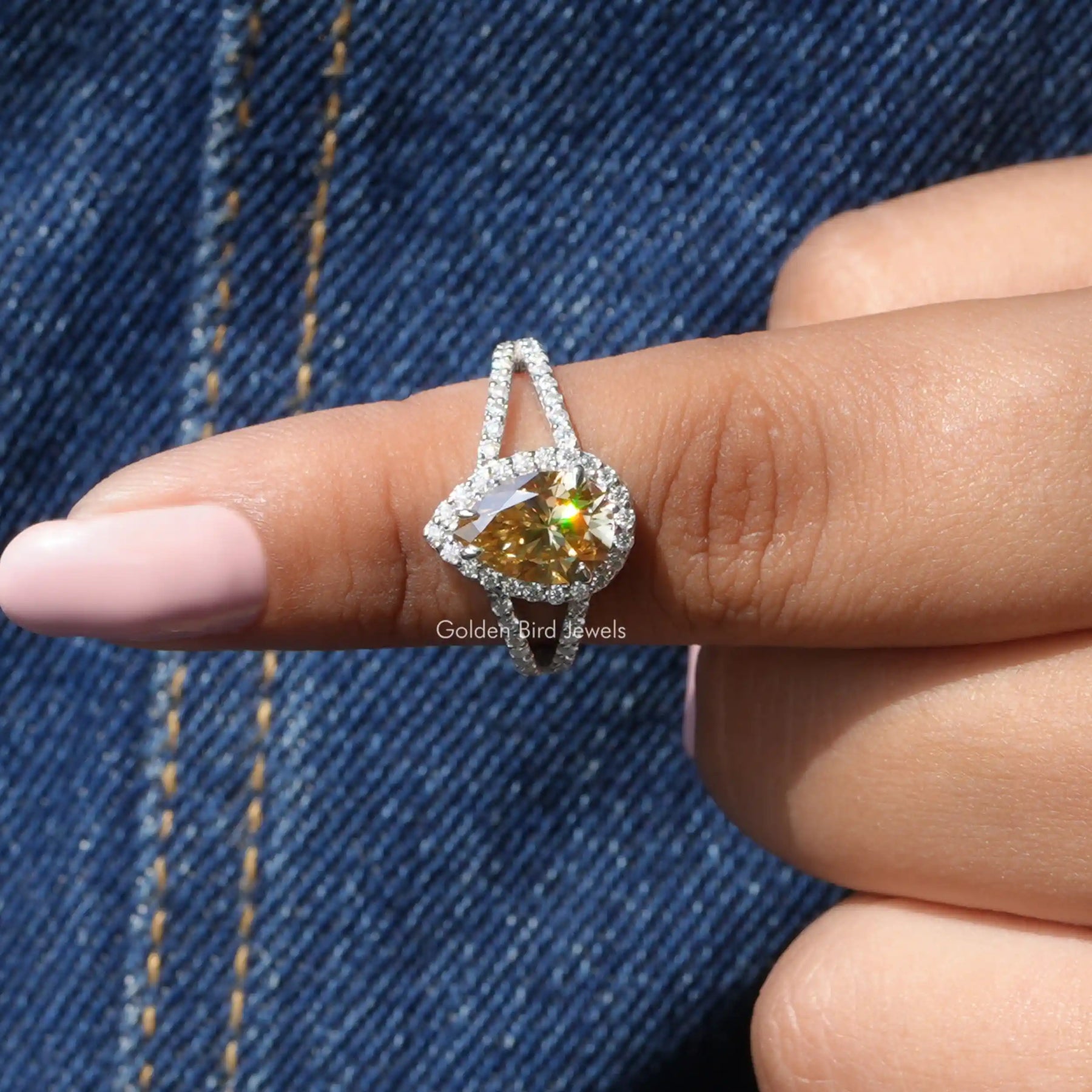 [Pear and round cut halo engagement ring by]-[Golden Bird Jewels]