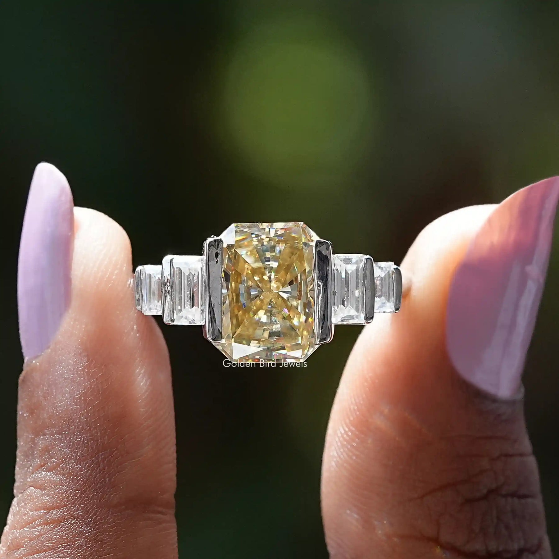 [Moissanite Yellow Radiant Cut Bezel Set Ring]-[Golden Bird Jewels]