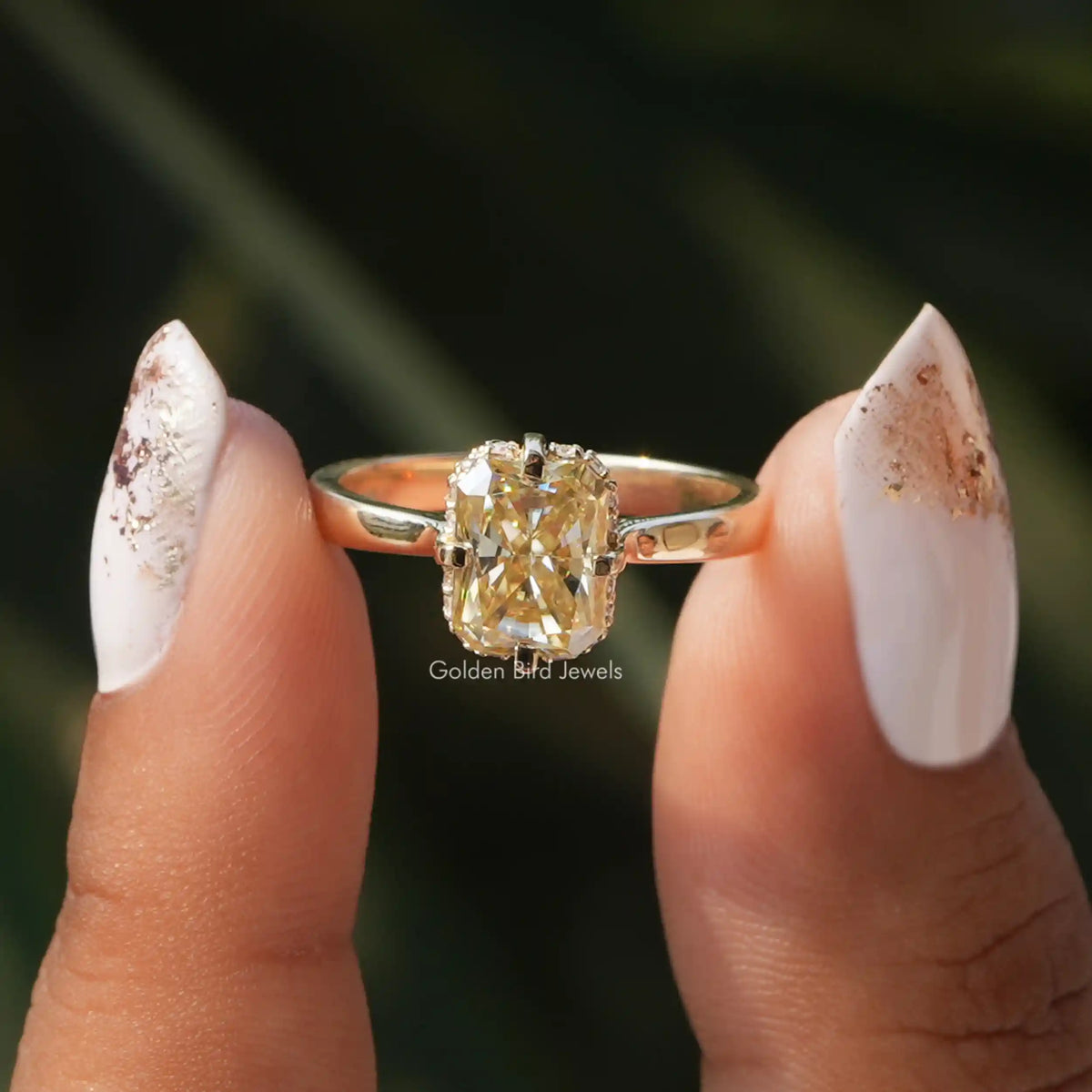 [Yellow Radiant Cut Moissanite Hidden Halo Ring]-[Golden Bird Jewels]