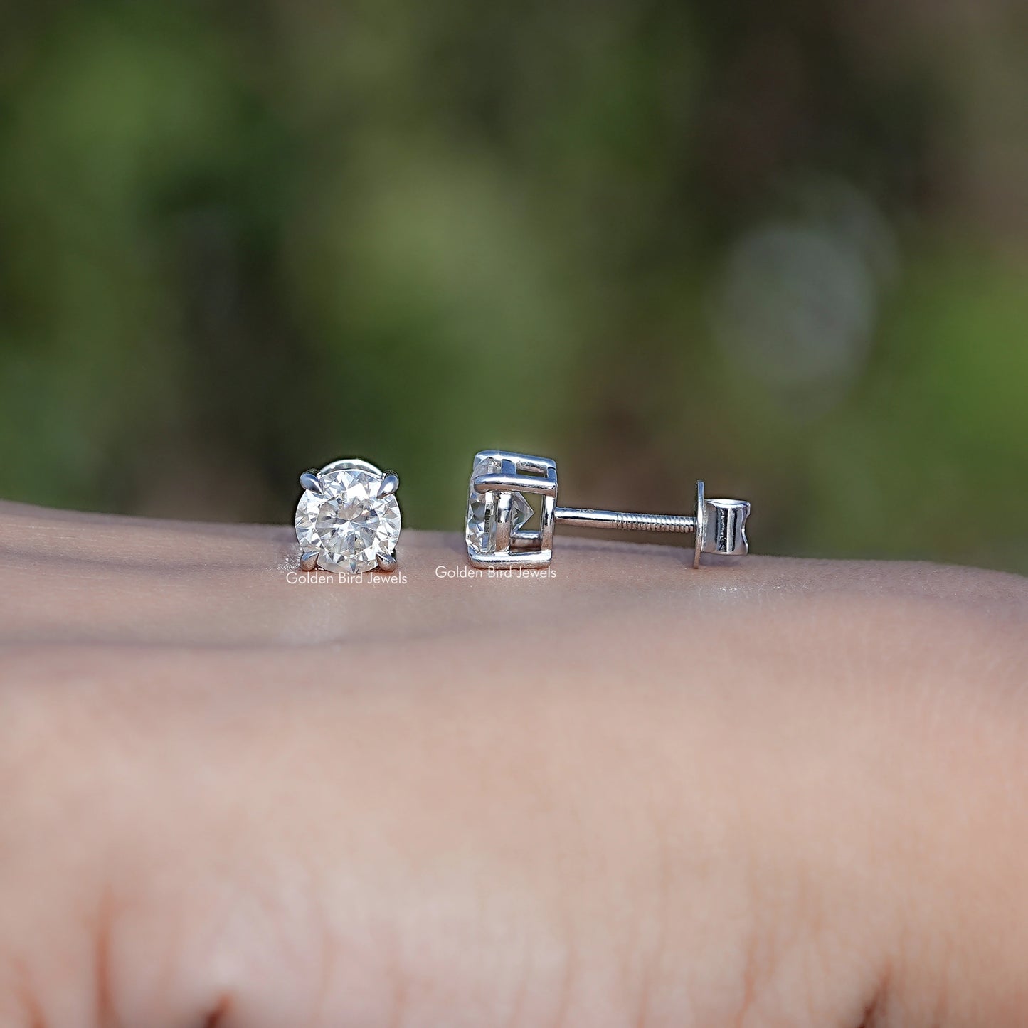 Front And Back Side View Of Round Cut Moissanite Stud Earrings