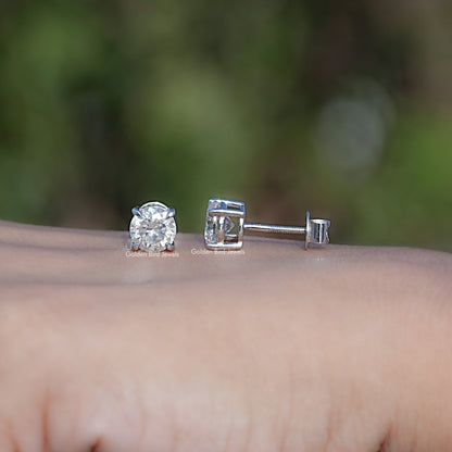 Front And Back Side View Of Round Cut Moissanite Stud Earrings