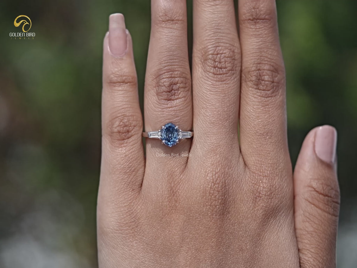 Blue Step Cut Oval Moissanite Three Stone Ring