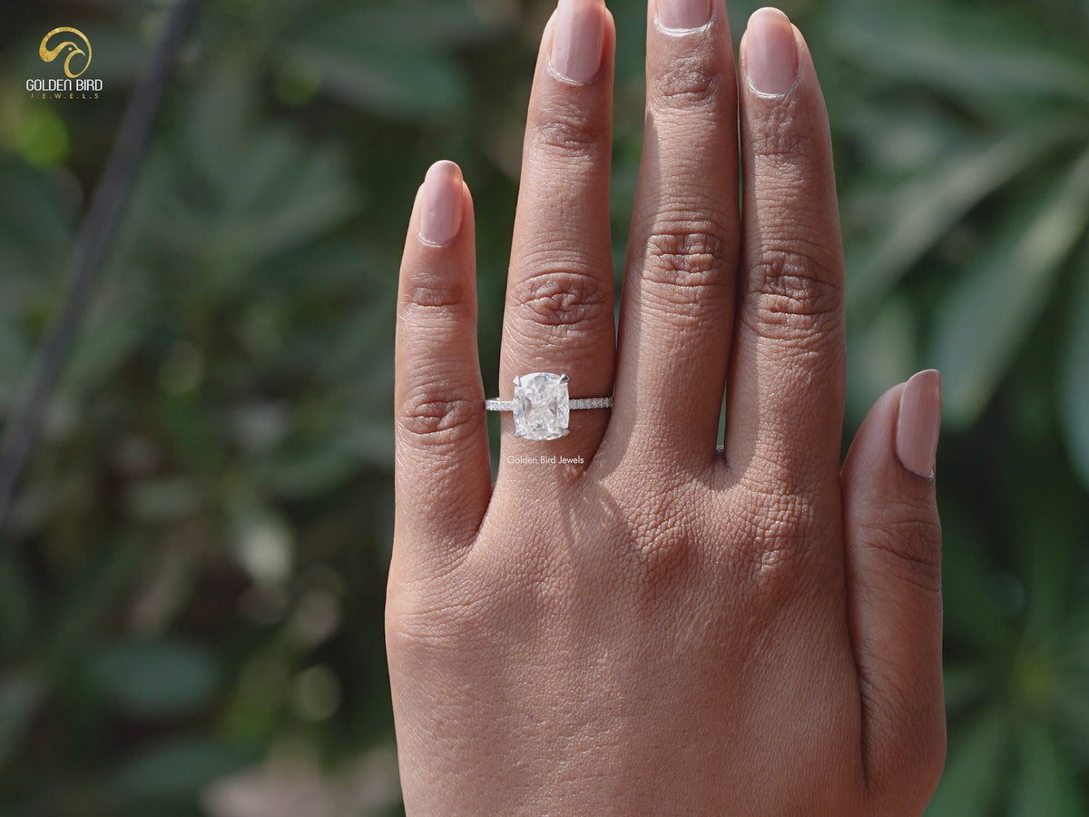 Crushed Ice Cushion Moissanite Hidden Halo Ring
