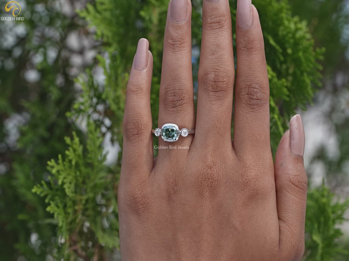 Three Stone Cushion Cut Moissanite Engagement Ring