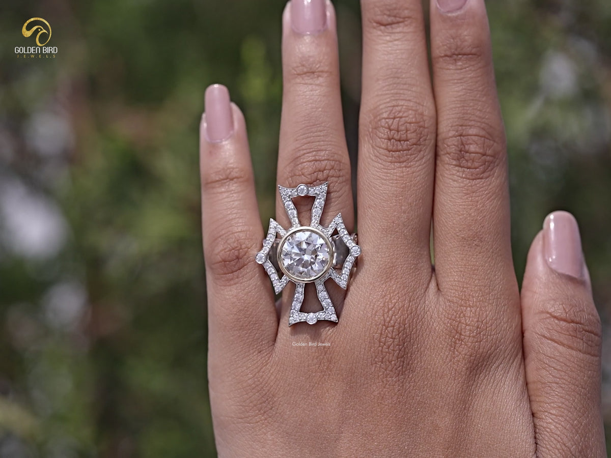 Bezel Set Round Cut Moissanite Vintage Style Ring
