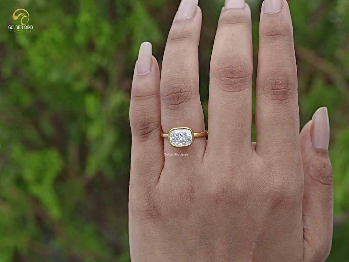 East West Cushion Cut Lab Diamond Bezel Set Ring