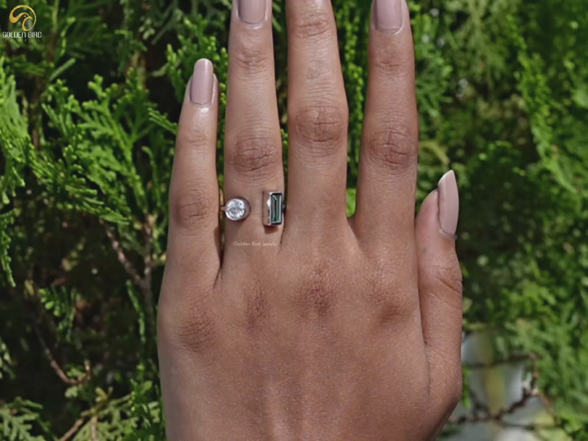 Round And Baguette Cut Moissanite Two Stone Ring