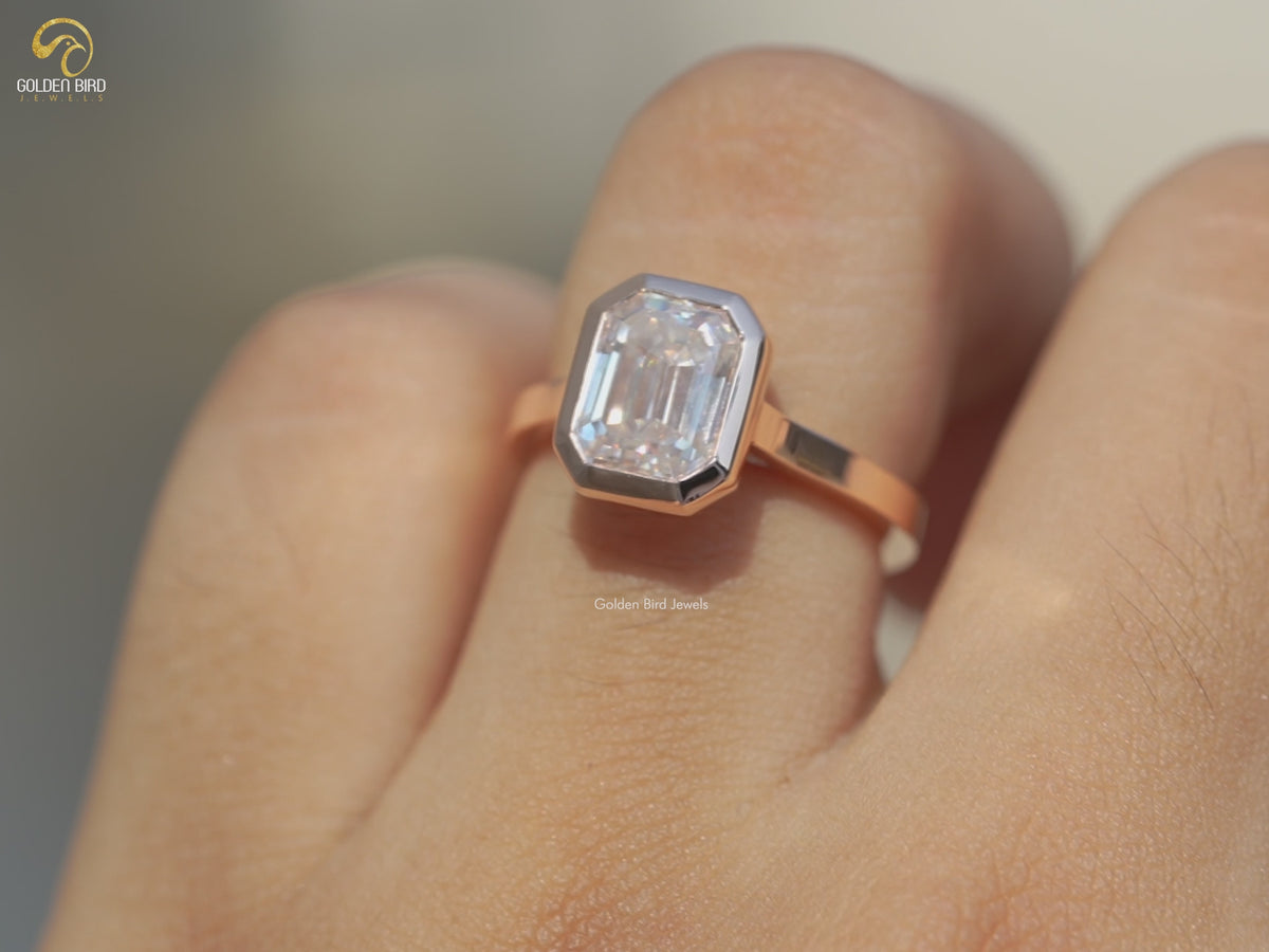 Moissanite Emerald Cut Fancy Bezel Set Ring