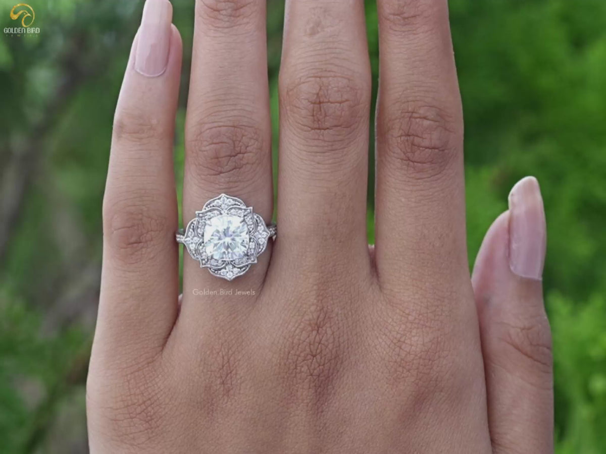 Cushion Cut Moissanite Floral Halo Wedding Ring