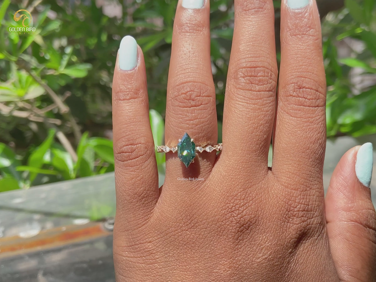 Green Dutch Marquise Moissanite Hidden Halo Ring