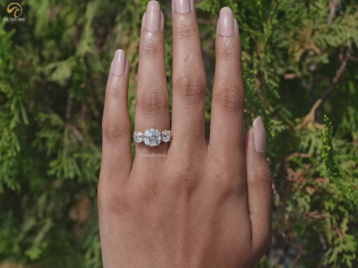 Square Old Mine Cushion Diamond Three Stone Ring