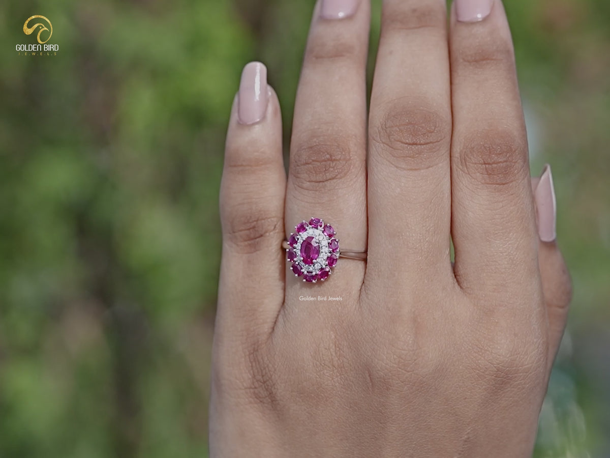 Oval Lab Gemstone Double Halo Engagement Ring