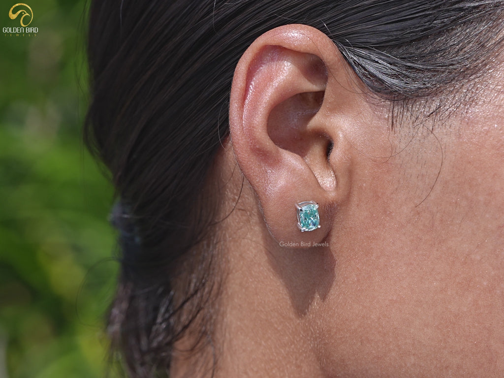 Video View OF Solid Blue elongated cushion Cut moissanite Stud Earrings