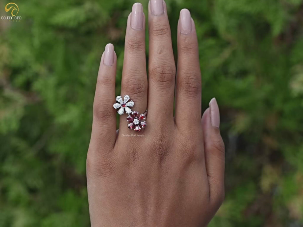 Pear Gemstone Flower Style Open Cuff Ring