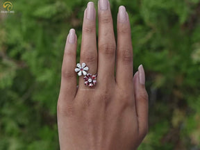 Pear Gemstone Flower Style Open Cuff Ring