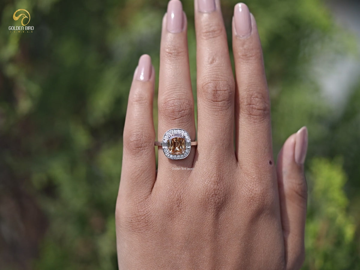Criss Cut Cushion Moissanite Halo Engagement Ring