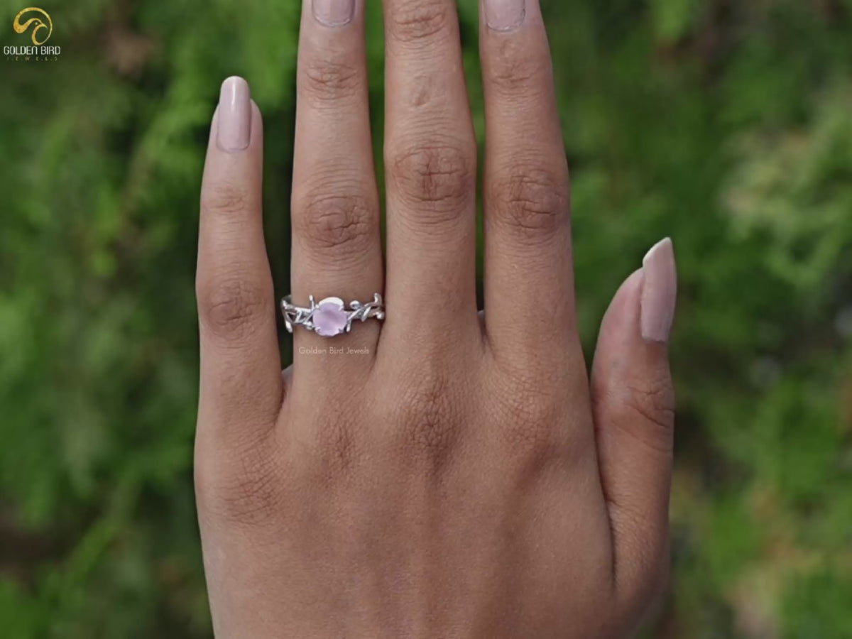 Rose Quartz Round Gemstone Leaf Style Ring