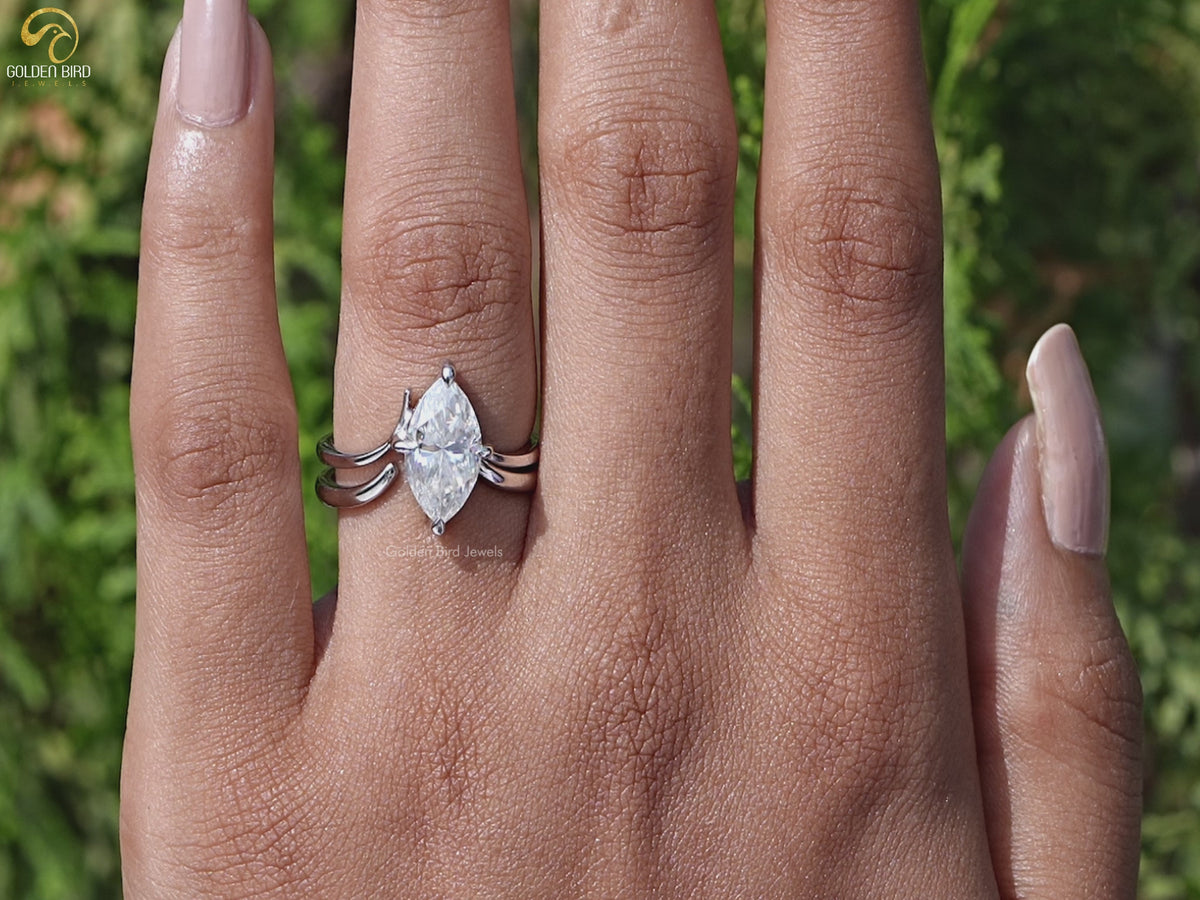 Marquise Cut Moissanite Solitaire Chevron Ring Set