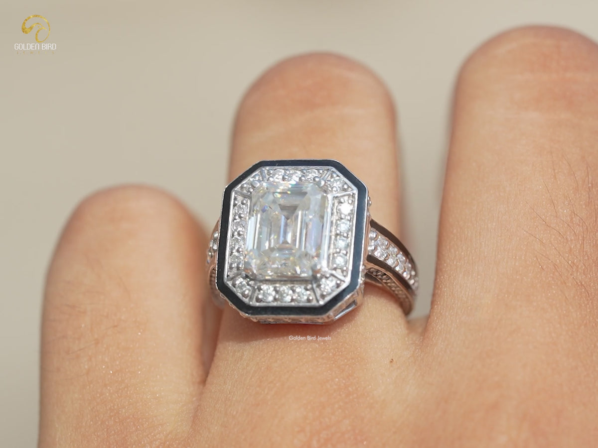 Unique Emerald Cut Moissanite Halo Ring