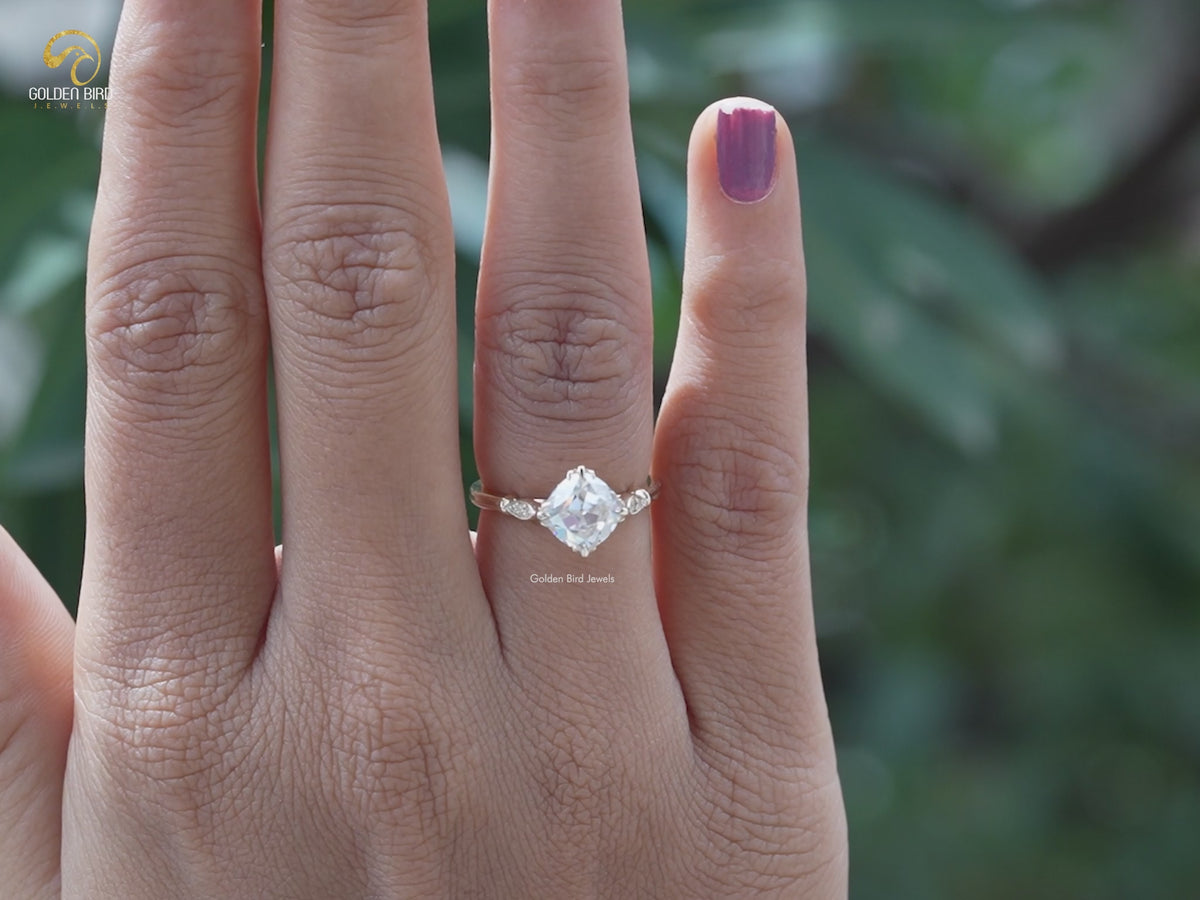 Old Mine Cushion Cut Moissanite Accent Stone Ring