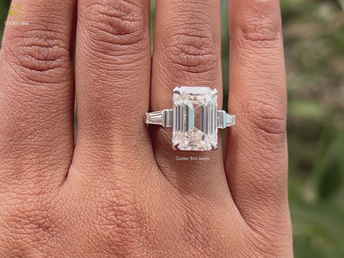 Three Stone Emerald Cut Moissanite Anniversary Ring