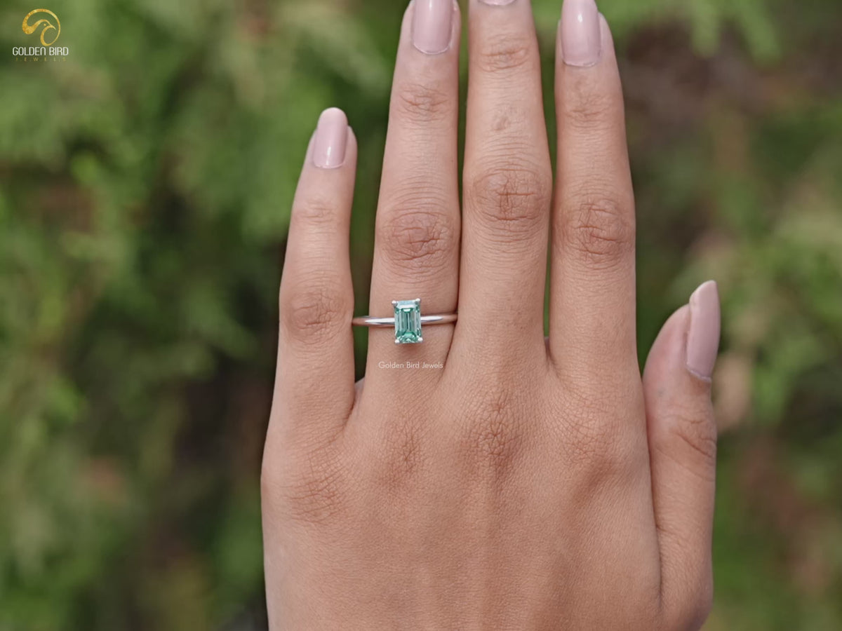 Green Emerald Cut Moissanite Solitaire Ring
